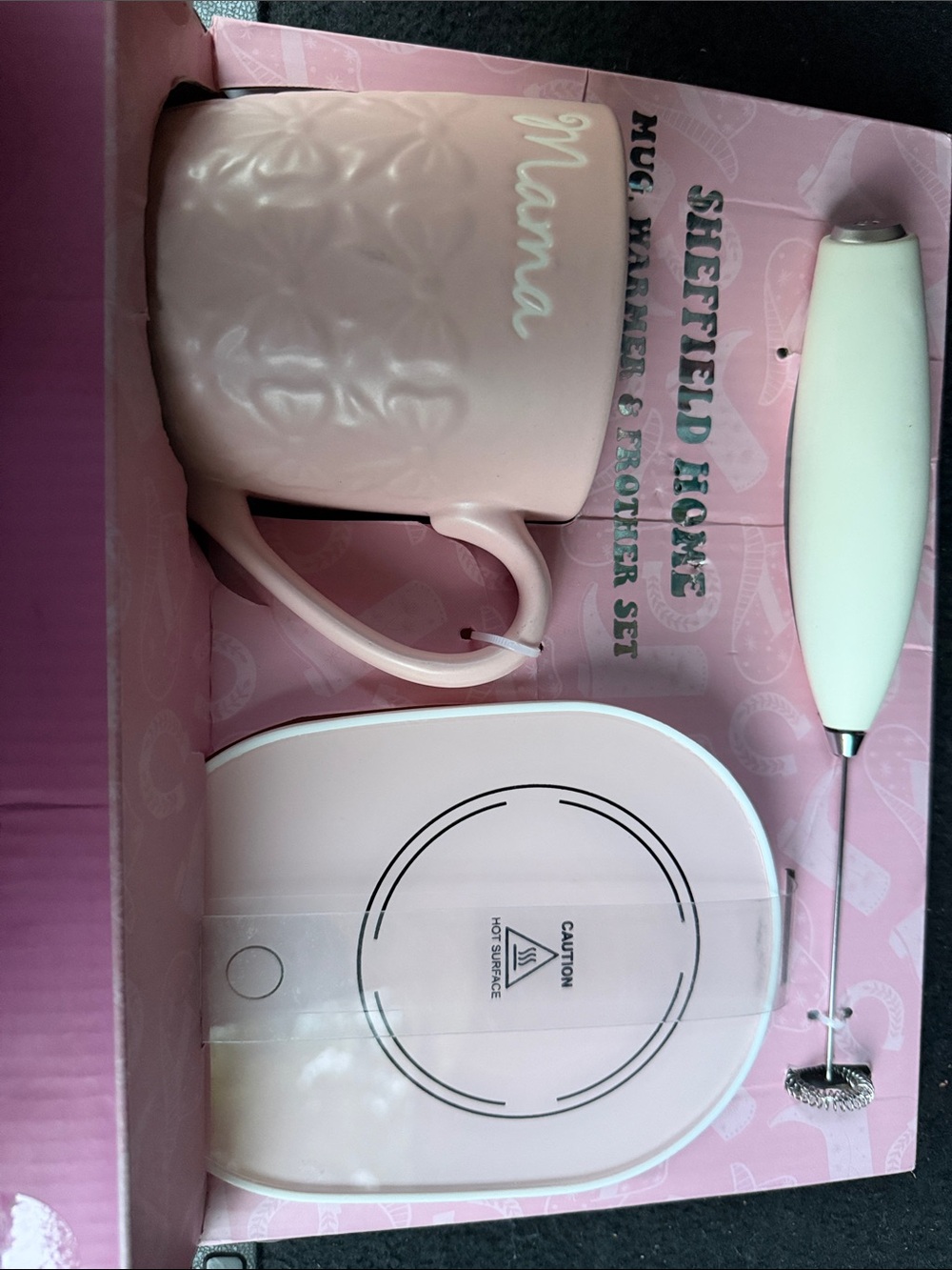 Sheffield Home Pink "Mama" Embossed Mug with Frother and Warmer Set